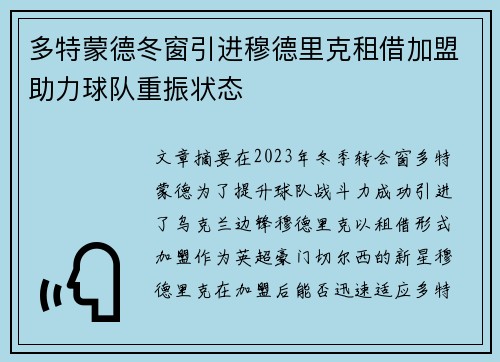 多特蒙德冬窗引进穆德里克租借加盟助力球队重振状态